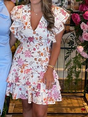 Talula Cream Floral Mini Dress with Pink & Orange Accents